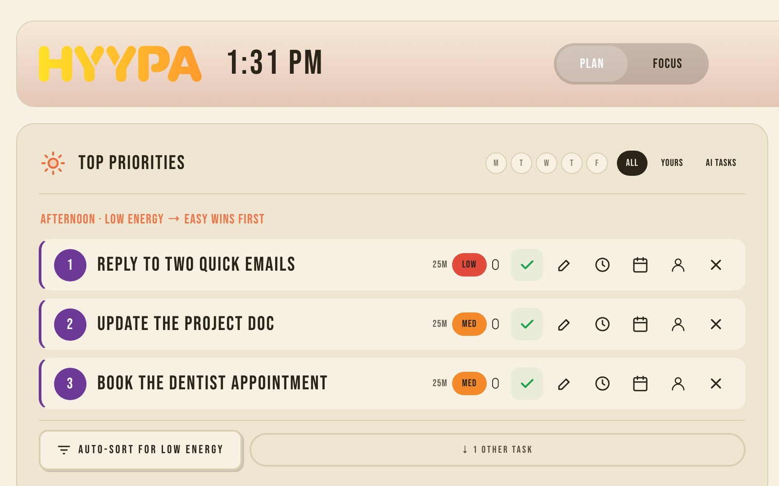 HyypaFocus plan view: afternoon, low energy, easy wins first